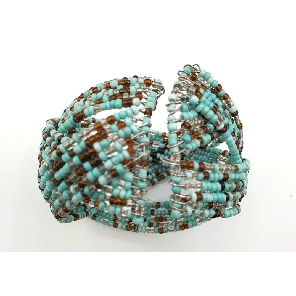 Blue Beaded Geometric‎ Wrap Wire Cuff Bracelet